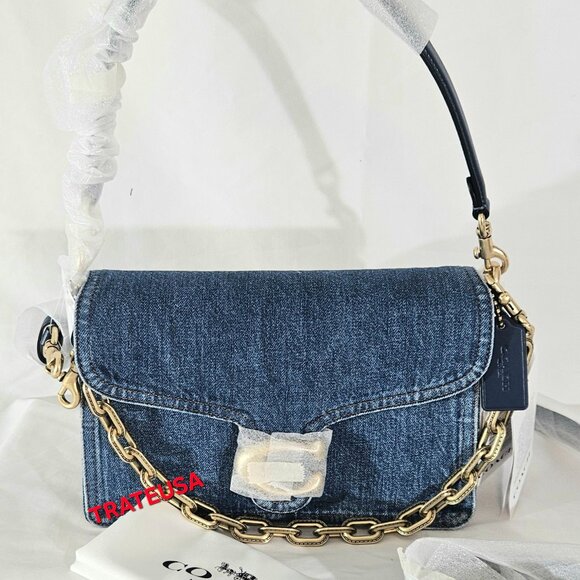 NWT Coach Chain Tabby Shoulder Bag CAN14 denim/Brass/Deep Blue AUTHENTIC Packed - Picture 1 of 16